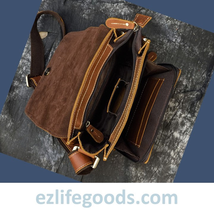 EZLIFEGOODS- Crazy Horse Leather Shoulder Bag Crossbody Messenger Bag for Men-Brown