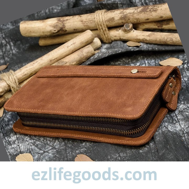 EZ Life Goods-Genuine Leather Double Zipper Clutch Wallet for Men Light Brown