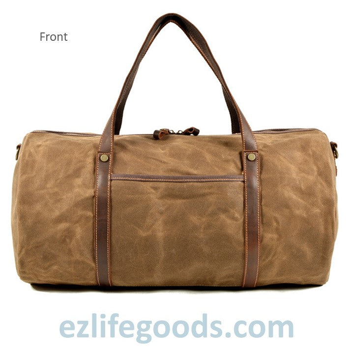 EZLIFEGOODS-Retro Canvas Trimmed with Cowhide Duffle Weekender Bag | 54 cm Large Capacity Gym bag Khaki