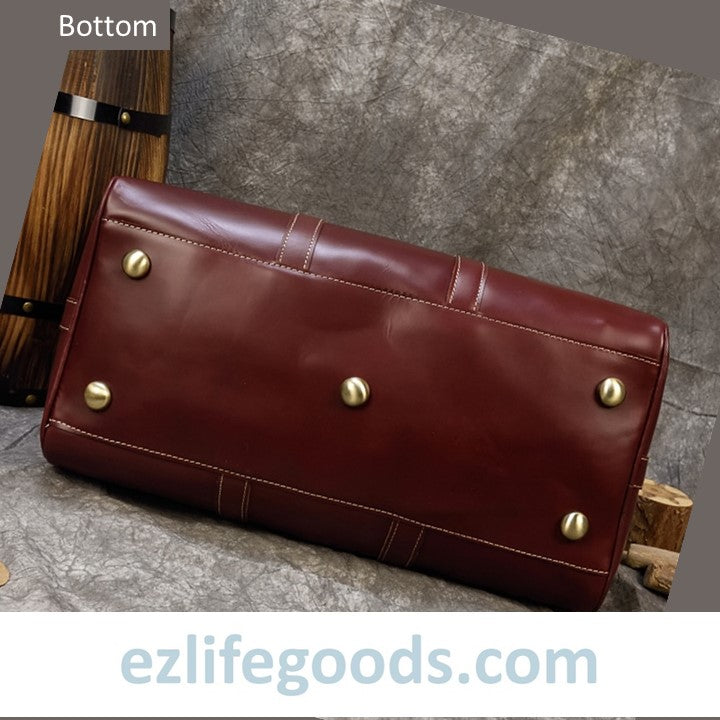 EZLIFEGOODS-Elegant Polished Genuine Leather Duffle Travel Bag 45 cm in Wine Color Tones Bright Bordeaux