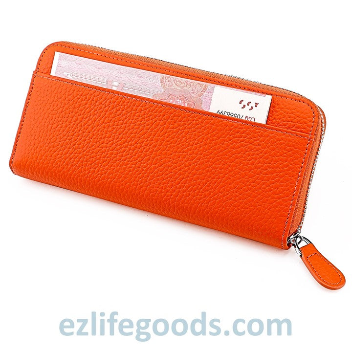 EZLIFEGOODS-RFID Long Wallet, Genuine Leather Zipper Wallet for Women with Many Cardholders, Phone Wallet Purse - Orange