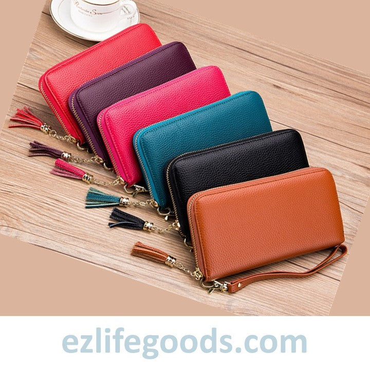 EZLIFEGOODS - Stylish Tassel Genuine Leather Long Zipper Clutch RFID Wallet for Women