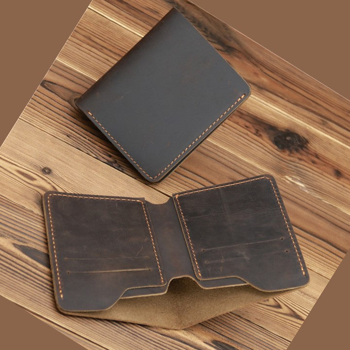 EZLIFEGOODS-Vintage Crazy Horse Leather Card Holder Small Wallet for Men Dark Brown