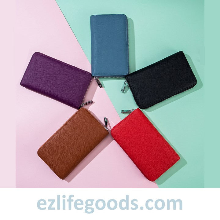 EZLIFEGOODS-RFID Genuine Leather All Around Zipper Wallet for Women, High Capacity Long Wallet Phone Purse