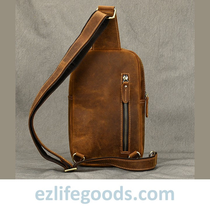 EZLIFEGOODS-Unisex Cowhide Chest Sling Bag, Casual Crossbody Messenger Bag Light Brown