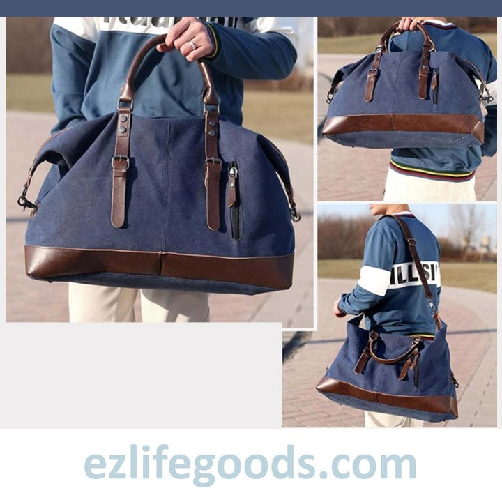 EZ Life Goods-Original Canvas & Leather Travel Duffle Bag / Large Weekend Bag 54 cm Blue