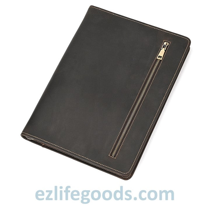 EZ Life Goods-Unisex A4 Genuine Leather Portfolio Binder, Leather Business Portfolio | The Best Zippered Padfolio Dark Brown