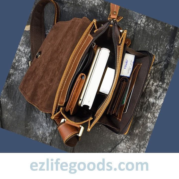 EZLIFEGOODS- Crazy Horse Leather Shoulder Bag Crossbody Messenger Bag for Men-Brown