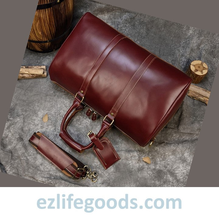 EZLIFEGOODS-Elegant Polished Genuine Leather Duffle Travel Bag 45 cm in Wine Color Tones Bright Bordeaux