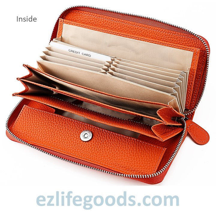 EZLIFEGOODS-RFID Long Wallet, Genuine Leather Zipper Wallet for Women with Many Cardholders, Phone Wallet Purse - Orange