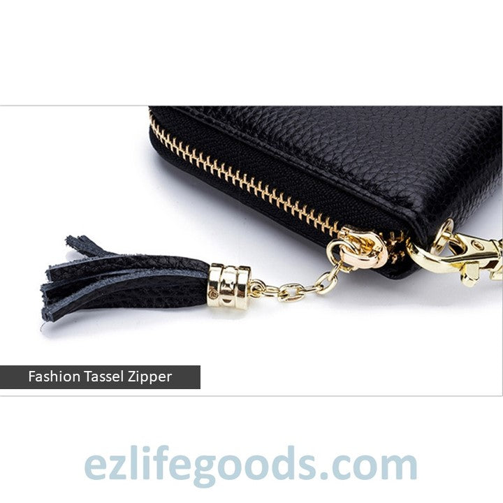 EZLIFEGOODS - Stylish Tassel Genuine Leather Long Zipper Clutch RFID Wallet for Women