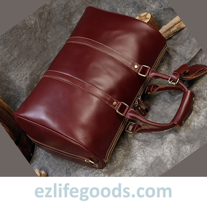 EZLIFEGOODS-Elegant Polished Genuine Leather Duffle Travel Bag 45 cm in Wine Color Tones Bright Bordeaux