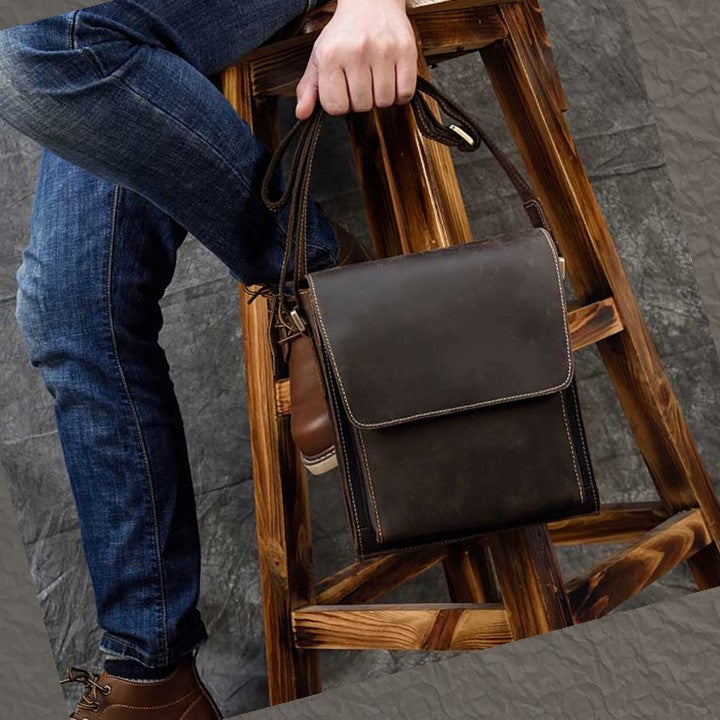 EZLIFEGOODS- Crazy Horse Leather Shoulder Bag Crossbody Messenger Bag for Men-Dark Brown