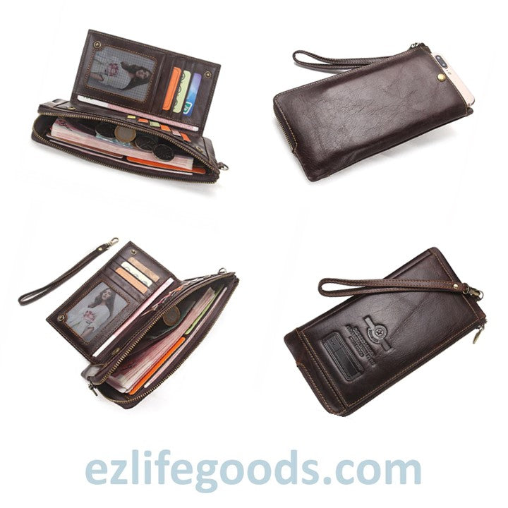 EZLIFEGOODS-Elegant Genuine Leather Wallet With Phone Pocket-Coffee Brown
