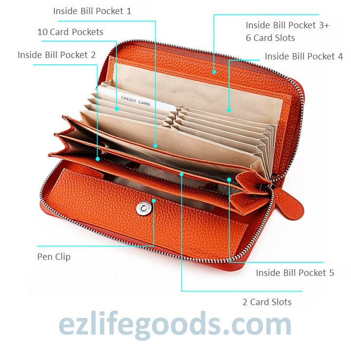 EZLIFEGOODS-RFID Long Wallet, Genuine Leather Zipper Wallet for Women with Many Cardholders, Phone Wallet Purse - Orange