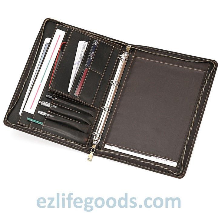 EZ Life Goods-Unisex A4 Genuine Leather Portfolio Binder, Leather Business Portfolio | The Best Zippered Padfolio Dark Brown