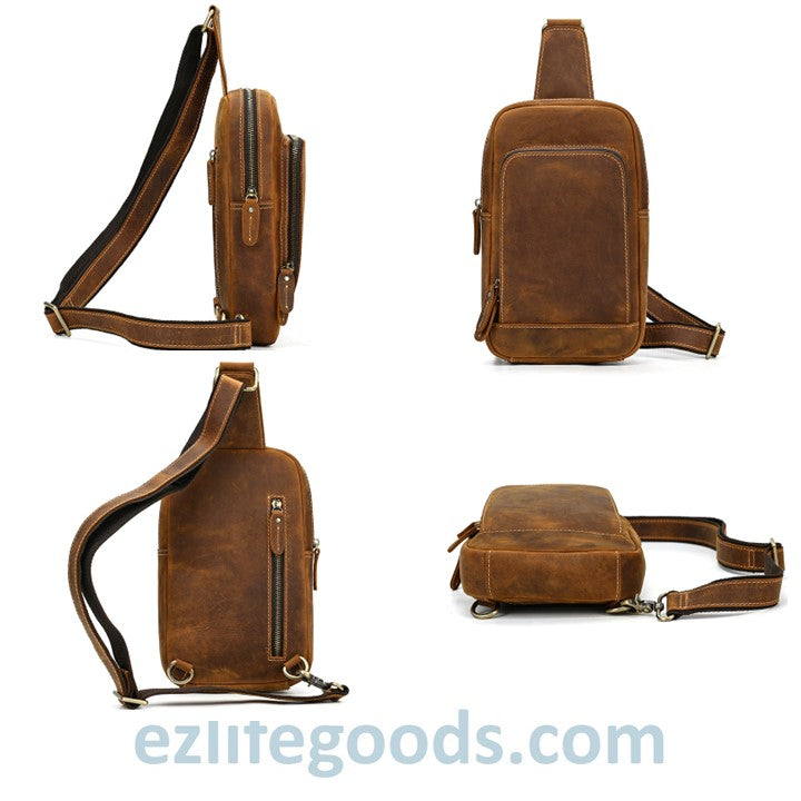 EZLIFEGOODS-Unisex Cowhide Chest Sling Bag, Casual Crossbody Messenger Bag Light Brown