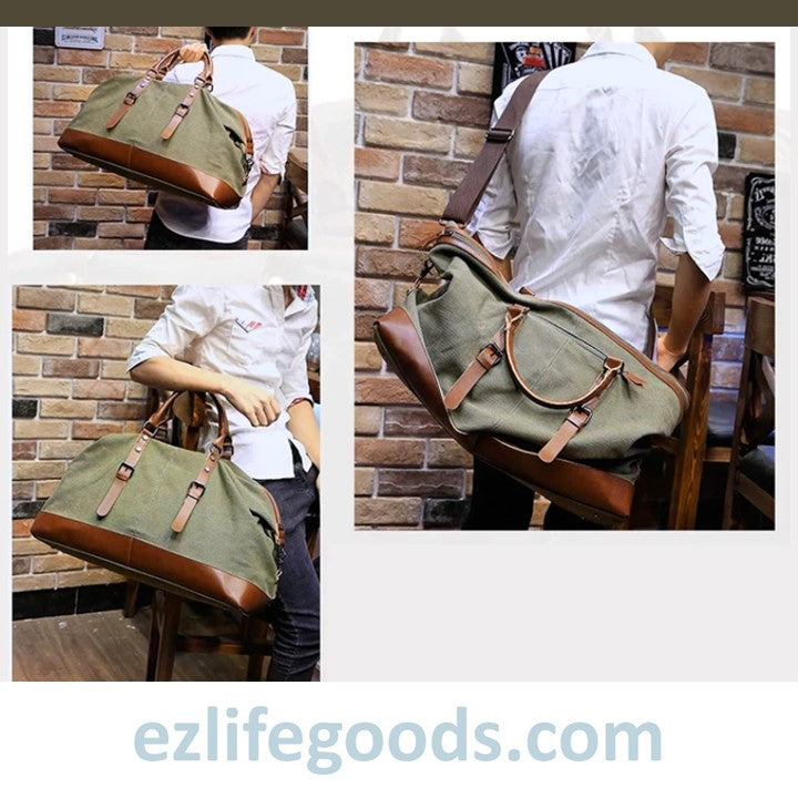 EZ Life Goods-Original Canvas & Leather Travel Duffle Bag / Large Weekend Bag 54 cm Army Green