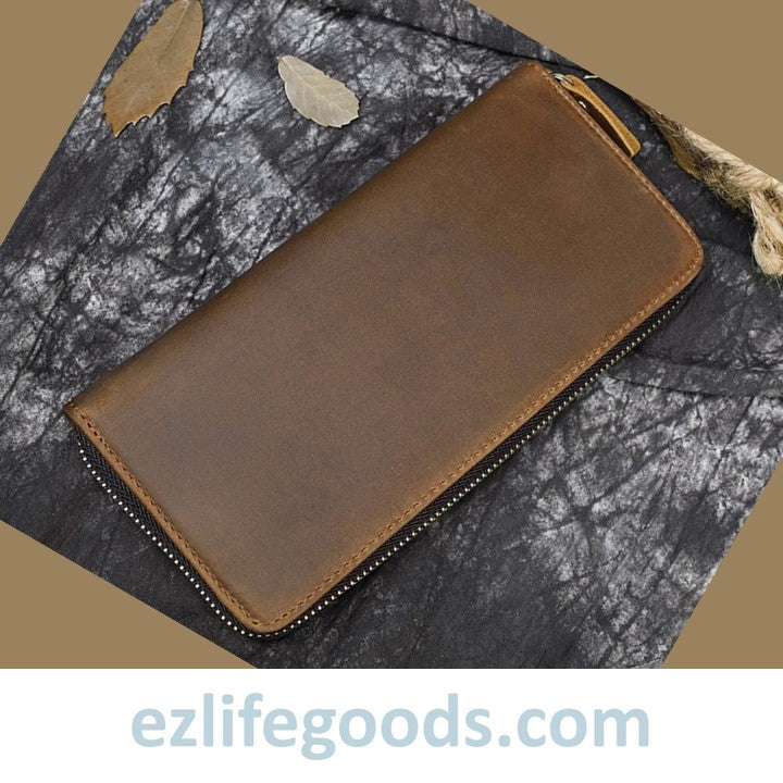 EZLIFEGOODS - Unisex Vintage Genuine Leather Crazy Horse Long Zipper Wallet Brown