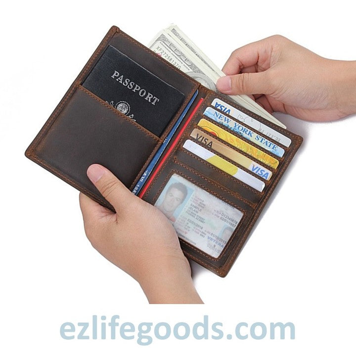 EZLIFEGOODS-Passport Wallet, Crazy Horse Leather Travel Wallet for Men with Cardholders- Leather Passport Pocket