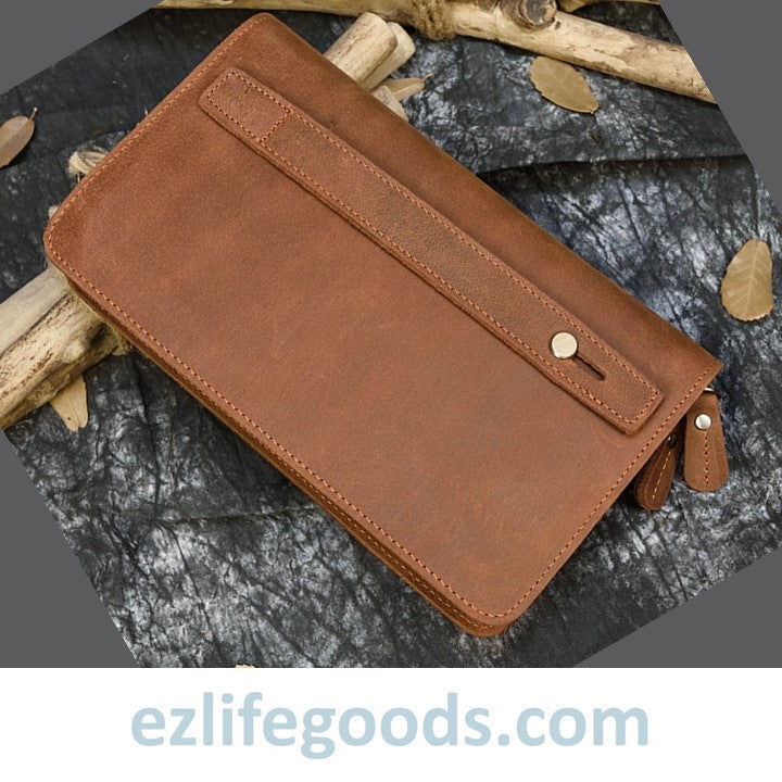 EZ Life Goods-Genuine Leather Double Zipper Clutch Wallet for Men Light Brown