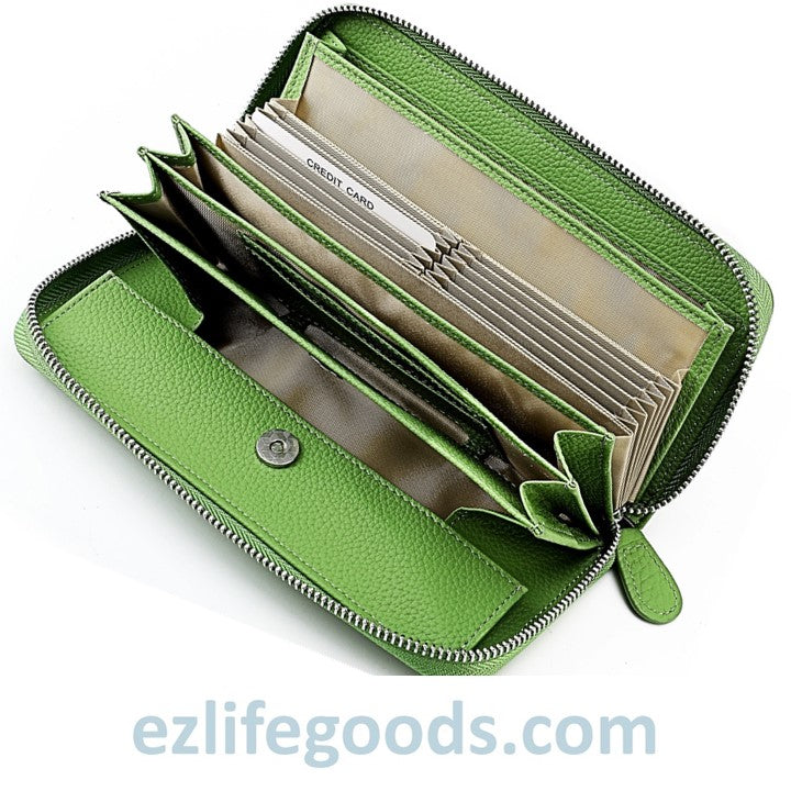 EZLIFEGOODS-RFID Long Wallet, Genuine Leather Zipper Wallet for Women with Many Cardholders, Phone Wallet Purse - Fresh Green