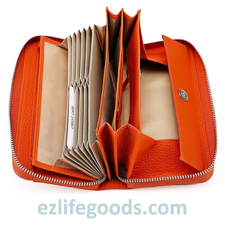 EZLIFEGOODS-RFID Long Wallet, Genuine Leather Zipper Wallet for Women with Many Cardholders, Phone Wallet Purse - Orange