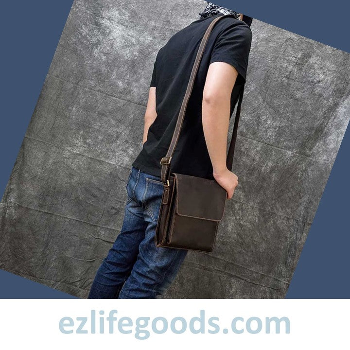 EZLIFEGOODS- Crazy Horse Leather Shoulder Bag Crossbody Messenger Bag for Men-Dark Brown