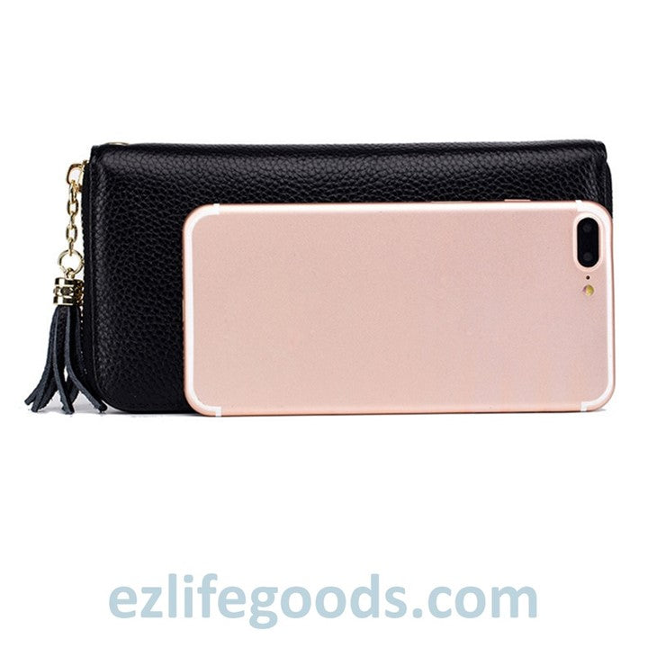 EZLIFEGOODS - Stylish Tassel Genuine Leather Long Zipper Clutch RFID Wallet for Women