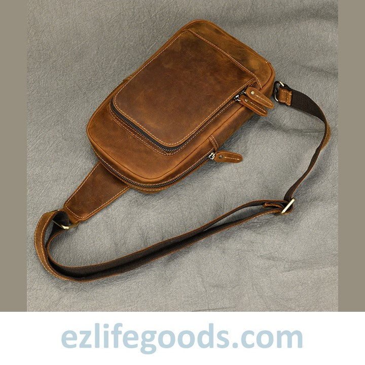 EZLIFEGOODS-Unisex Cowhide Chest Sling Bag, Casual Crossbody Messenger Bag Light Brown