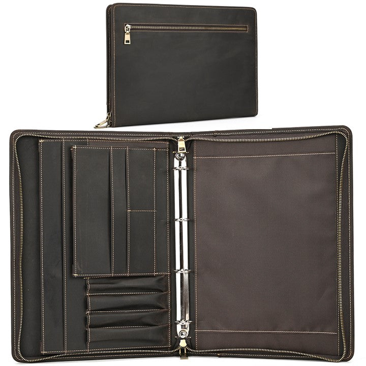 EZ Life Goods-Unisex A4 Genuine Leather Portfolio Binder, Leather Business Portfolio | The Best Zippered Padfolio Dark Brown