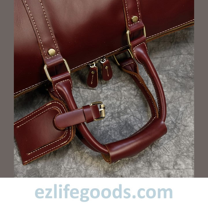 EZLIFEGOODS-Elegant Polished Genuine Leather Duffle Travel Bag 45 cm in Wine Color Tones Bright Bordeaux