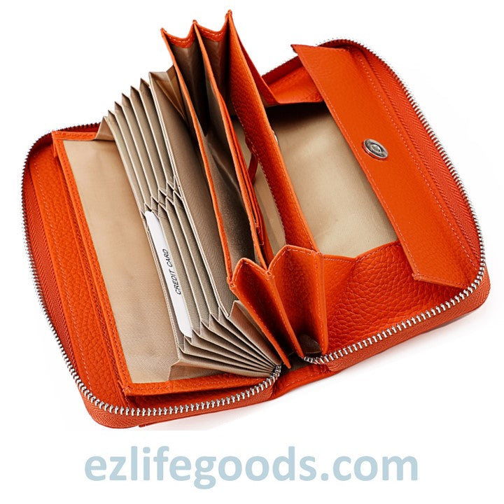 EZLIFEGOODS-RFID Long Wallet, Genuine Leather Zipper Wallet for Women with Many Cardholders, Phone Wallet Purse - Orange
