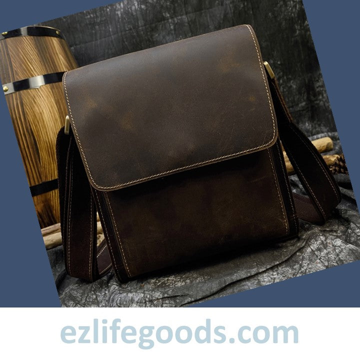 EZLIFEGOODS- Crazy Horse Leather Shoulder Bag Crossbody Messenger Bag for Men-Dark Brown