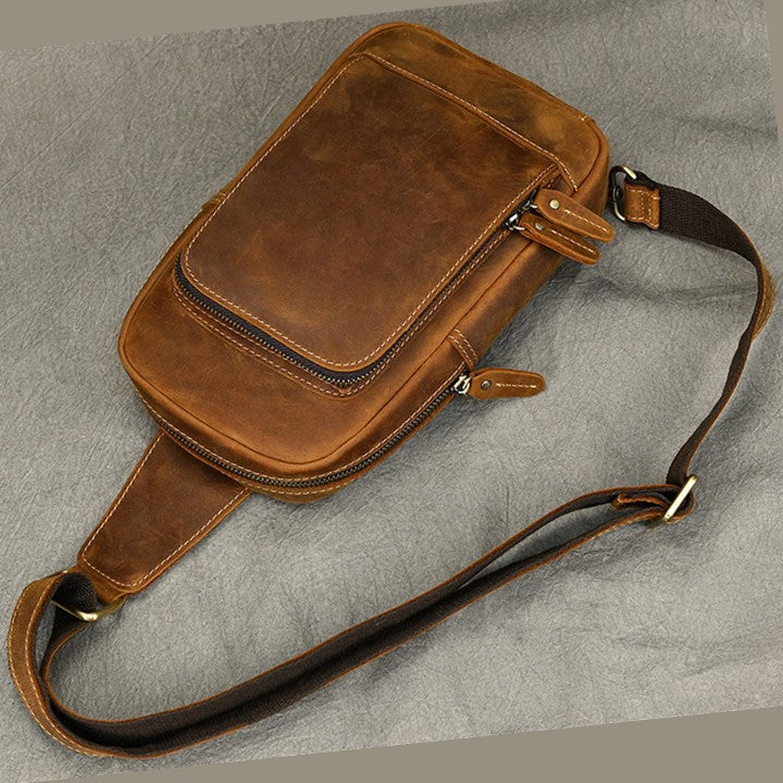 EZLIFEGOODS-Unisex Cowhide Chest Sling Bag, Casual Crossbody Messenger Bag Light Brown