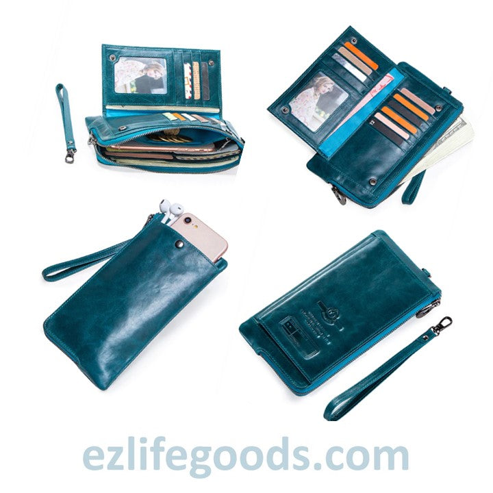 EZLIFEGOODS-Elegant Genuine Leather Wallet With Phone Pocket Blue