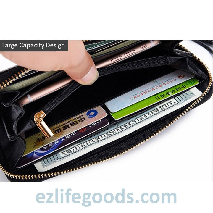 EZLIFEGOODS - Stylish Tassel Genuine Leather Long Zipper Clutch RFID Wallet for Women