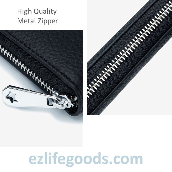 EZLIFEGOODS-RFID Genuine Leather All Around Zipper Wallet for Women, High Capacity Long Wallet Phone Purse