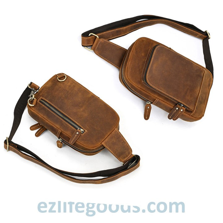 EZLIFEGOODS-Unisex Cowhide Chest Sling Bag, Casual Crossbody Messenger Bag Light Brown