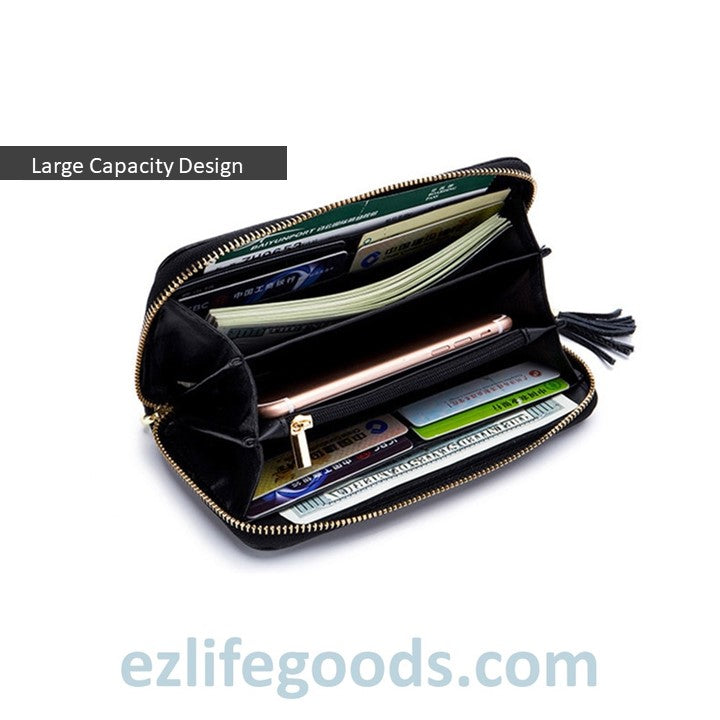 EZLIFEGOODS - Stylish Tassel Genuine Leather Long Zipper Clutch RFID Wallet for Women