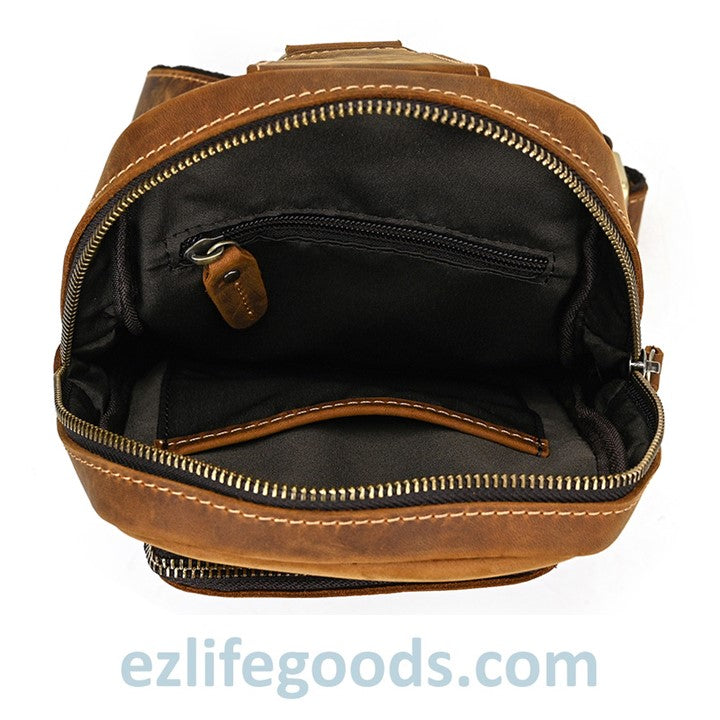 EZLIFEGOODS-Unisex Cowhide Chest Sling Bag, Casual Crossbody Messenger Bag Light Brown