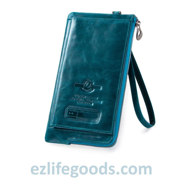 EZLIFEGOODS-Elegant Genuine Leather Wallet With Phone Pocket Blue