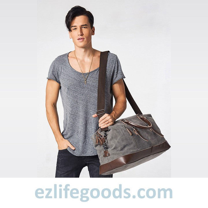 EZLIFEGOODS-Vintage Canvas & Leather Travel Duffle Bag / Large Overnight Bag 54 cm Grey