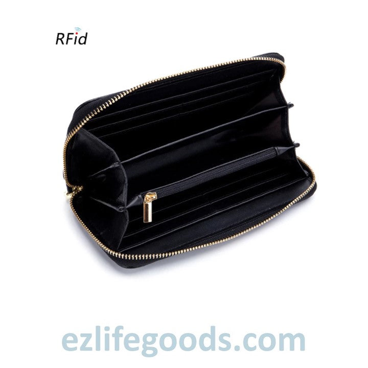 EZLIFEGOODS - Stylish Tassel Genuine Leather Long Zipper Clutch RFID Wallet for Women