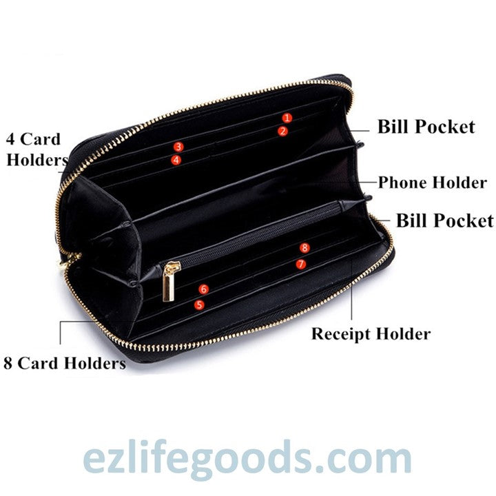 EZLIFEGOODS - Stylish Tassel Genuine Leather Long Zipper Clutch RFID Wallet for Women