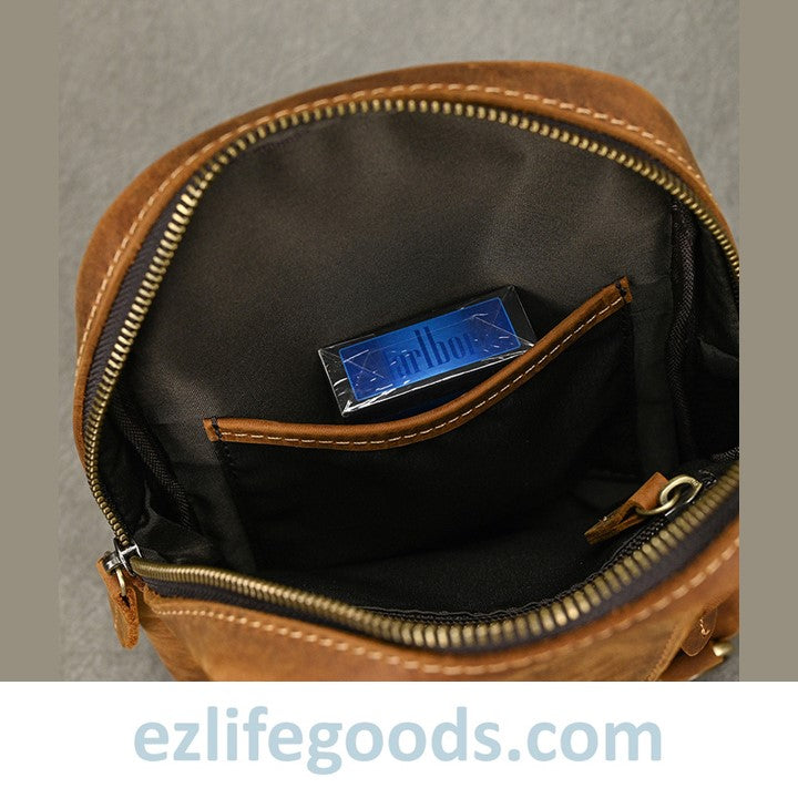 EZLIFEGOODS-Unisex Cowhide Chest Sling Bag, Casual Crossbody Messenger Bag Light Brown