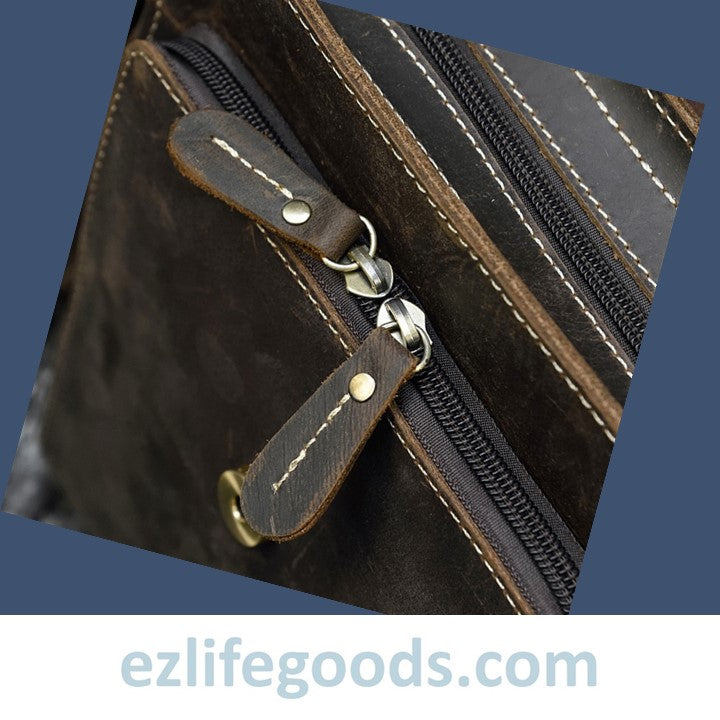 EZLIFEGOODS- Crazy Horse Leather Shoulder Bag Crossbody Messenger Bag for Men-Dark Brown