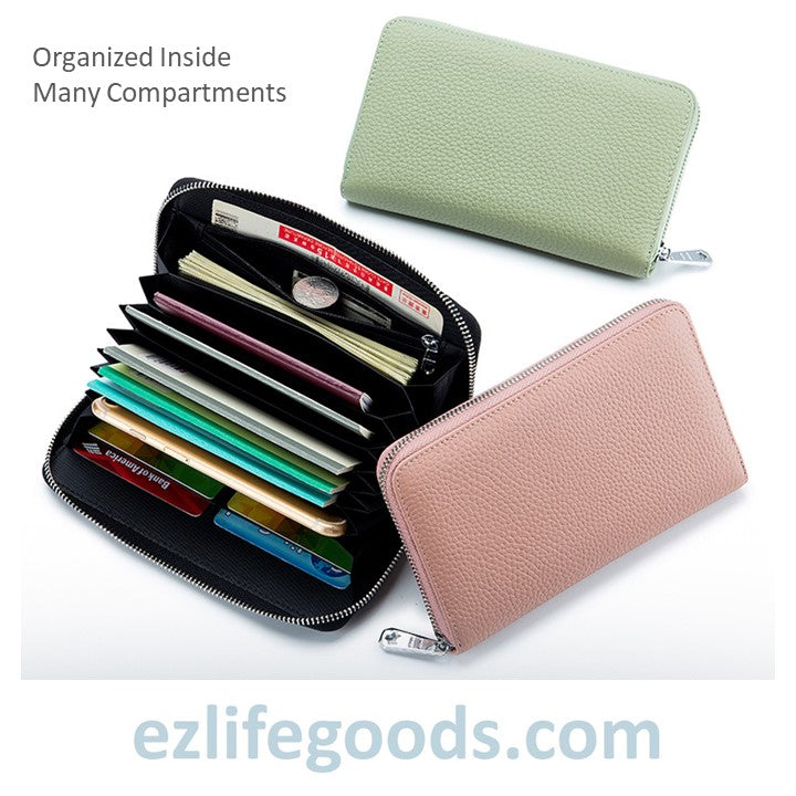 EZLIFEGOODS-RFID Genuine Leather All Around Zipper Wallet for Women, High Capacity Long Wallet Phone Purse