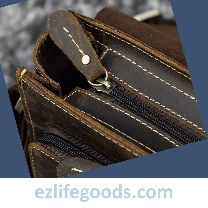 EZLIFEGOODS- Crazy Horse Leather Shoulder Bag Crossbody Messenger Bag for Men-Dark Brown