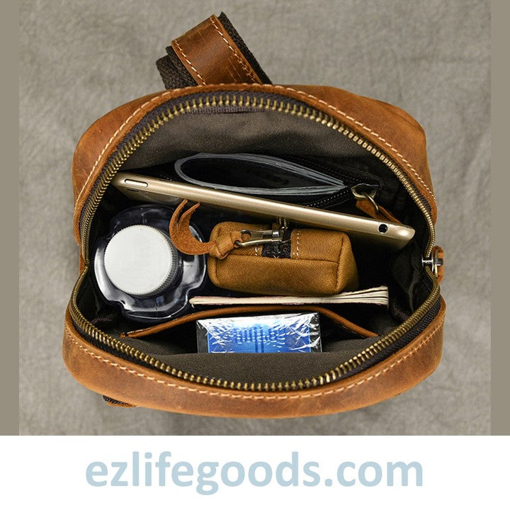 EZLIFEGOODS-Unisex Cowhide Chest Sling Bag, Casual Crossbody Messenger Bag Light Brown